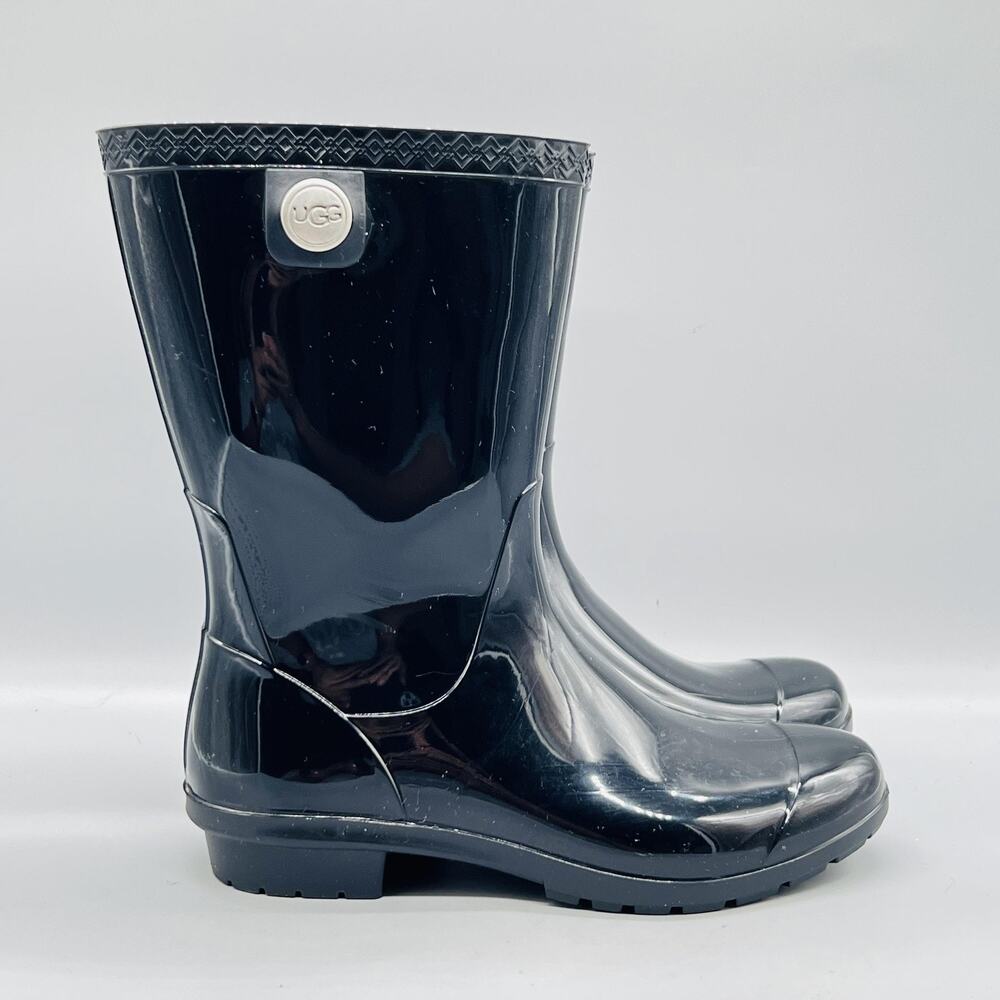 UGG Boots Womens 7 Black Glossy Rubber Mid Calf Rain Waterproof Pull On Shoes